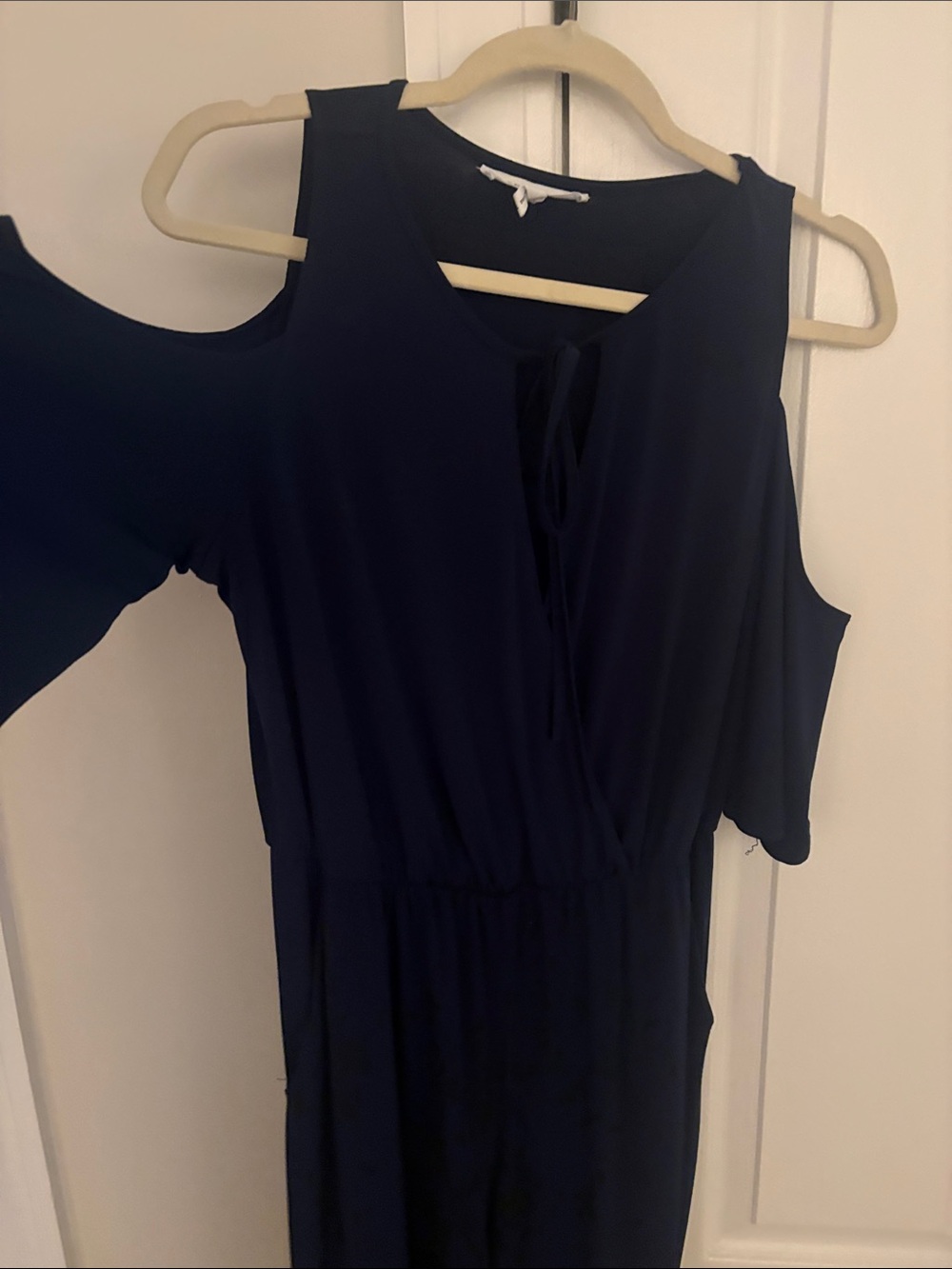 Women’s Navy Cold-Shoulder jumpsuit with Tie Front